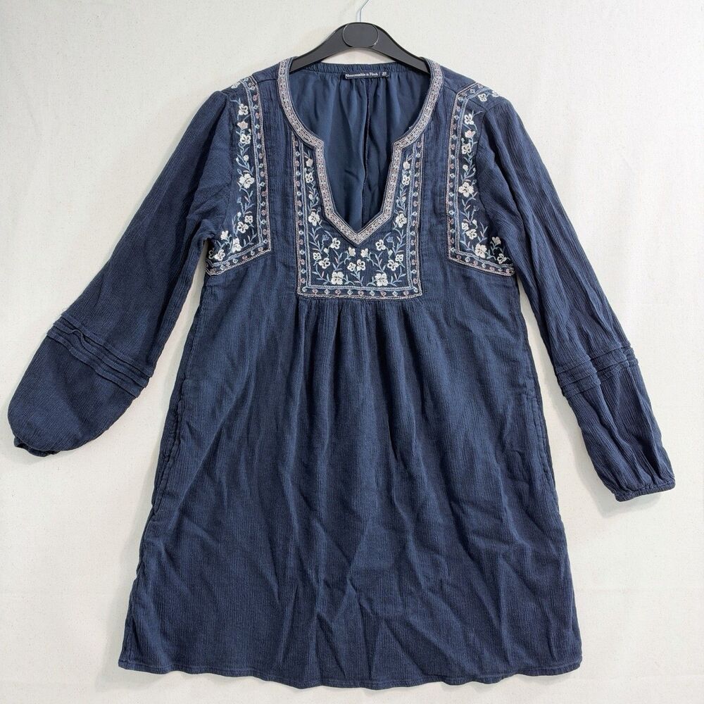 Abercrombie & Fitch Boho Embroidered Peasant Dress in Navy, size XS
